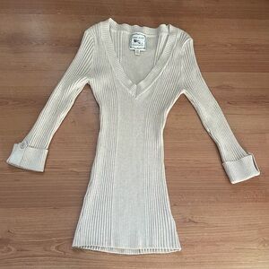 Vintage 2000s Cream Ribbed V-Neck Sweater